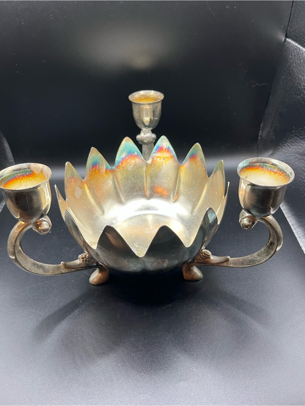Vtg Silver Plated Decorative Lotus Bowl with Triple Candle Holders Centrepiece